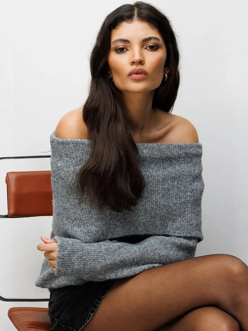 ميكسراي MIXRAY Oversized Ribbed Knitwear Blouse with Madonna Collar